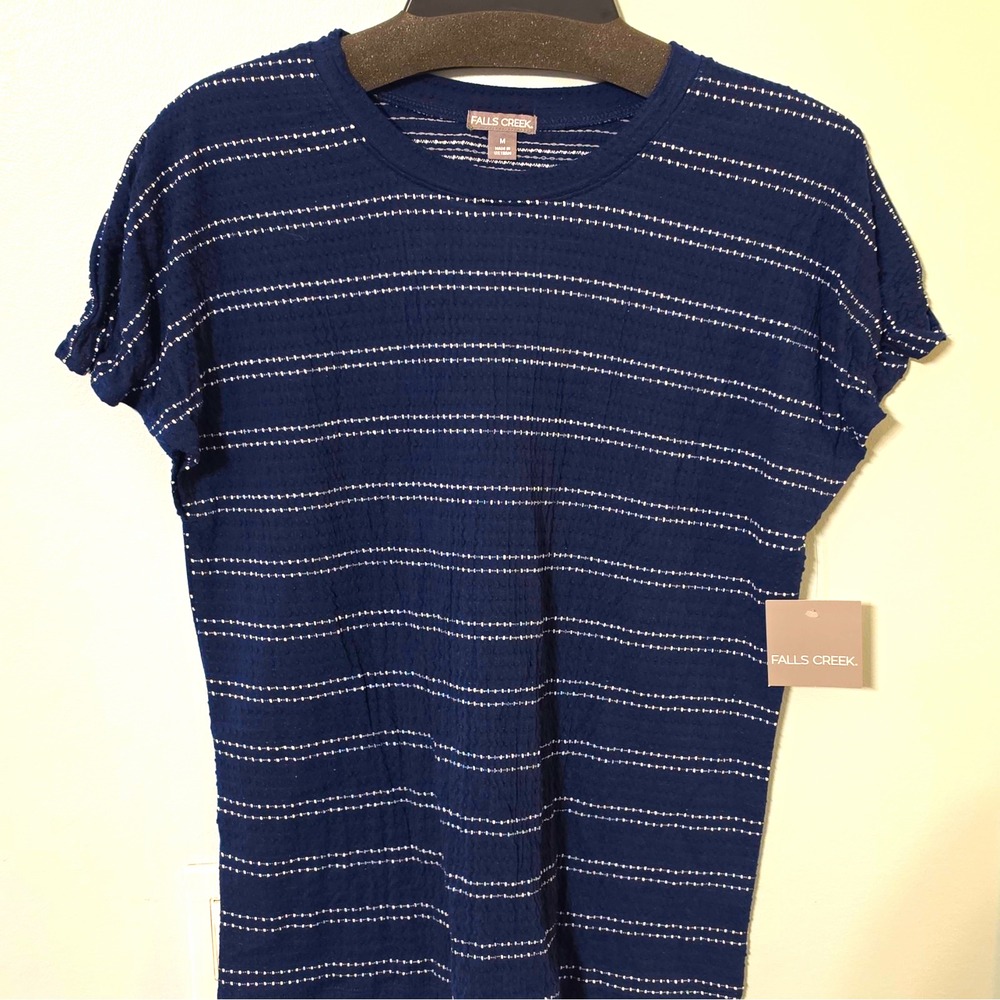 Falls Creek Navy White Striped Textured Knit Crew Neck Stretch Tee Size M #82